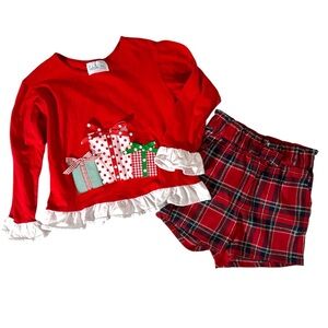EUC Funtasia too Christmas appliqué ruffle top & NWOT h&m plaid shorts  6